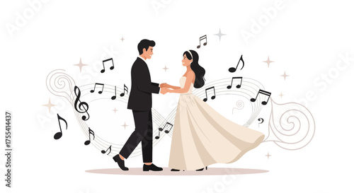 Elegant Couple Dancing Amidst Musical Notes Celebrating Love and Harmony Together at Wedding