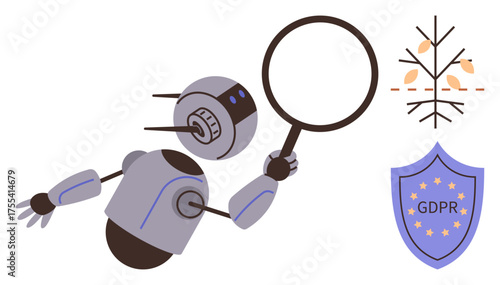 Robot holding a magnifying glass examines a tree and GDPR shield. Ideal for technology, data privacy, security, AI regulations, analysis, compliance, innovation. Simple flat metaphor