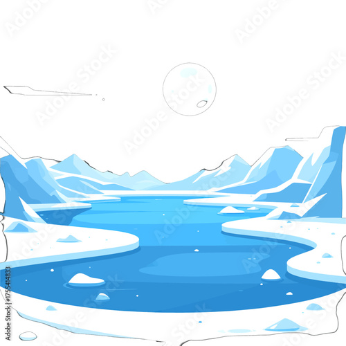 Icy Landscape with Frozen River and Mountain Range Under Pale Sky in Pixel Art Style