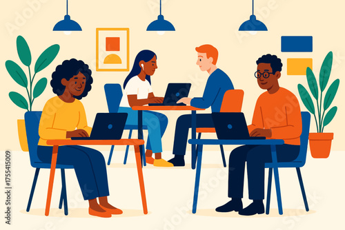 cartoon woman in the office doing laptop work