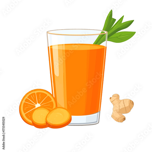 Tall Glass of Vibrant Orange Juice with Orange Slices and Ginger Root on a Clean White Background Perfect for Illustrative Designs
