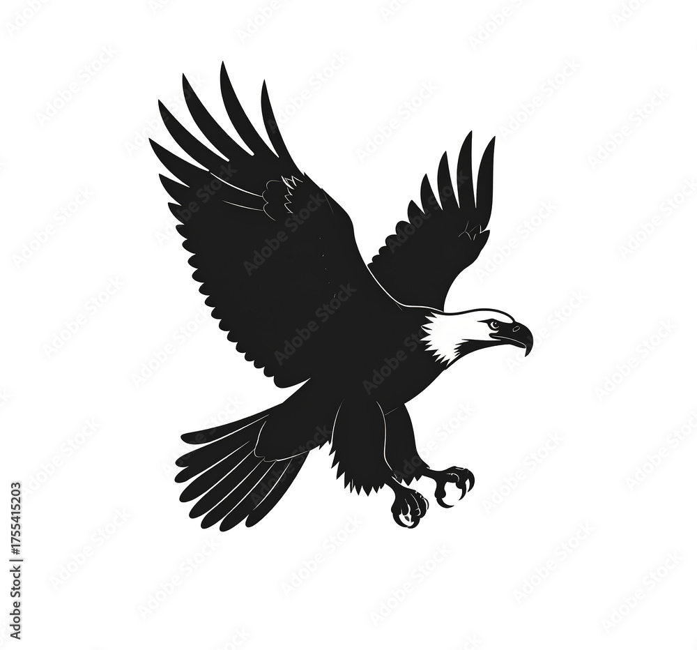 Fototapeta premium Bold eagle bird flying silhouette, minimalist black and white illustration, isolated on transparent background.