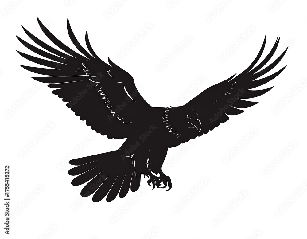 Obraz premium Eagle in flight silhouette, detailed wing feathers, black and white clip art, isolated on transparent background.