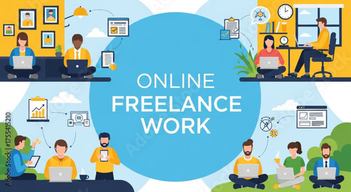 Online freelance work concept illustration of people working remotely from home using laptops and other devices for freelance jobs