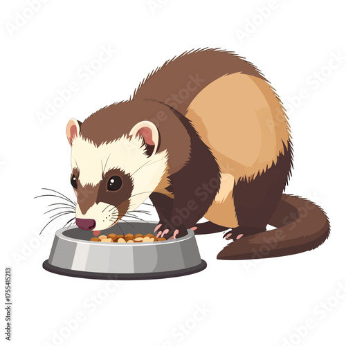 Pixel Art Illustration of a Ferret Eating From a Metal Bowl on White Background in Digital Style Animal Brown Beige Color