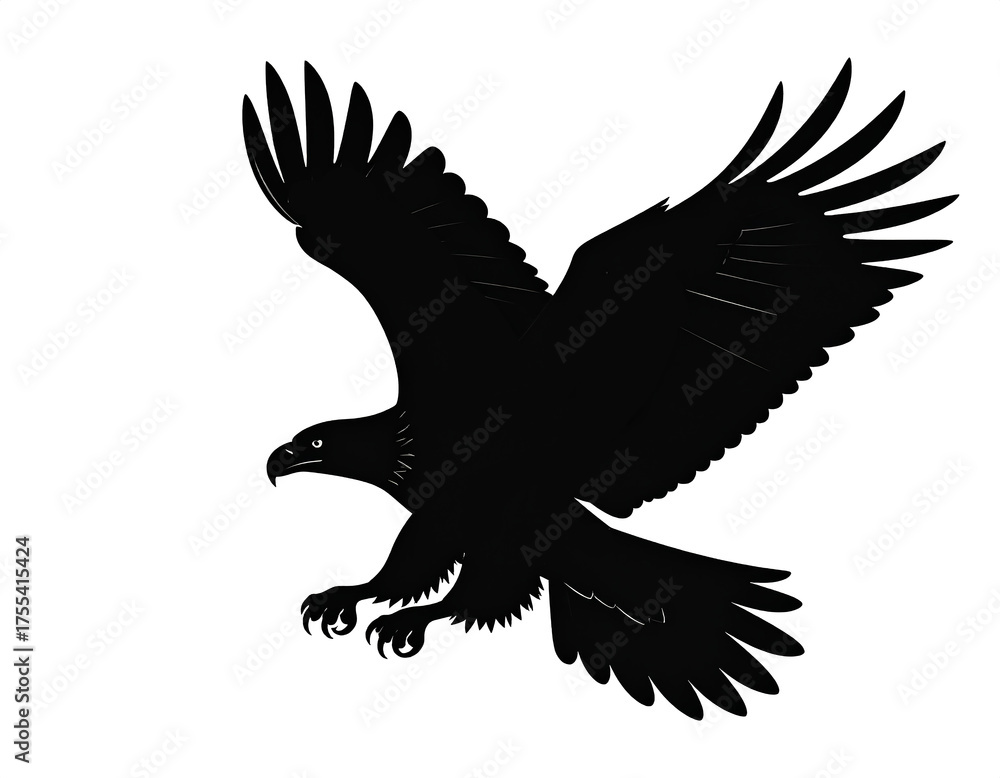 Fototapeta premium Soaring eagle silhouette illustration, majestic bird in flight, black and white, transparent background.