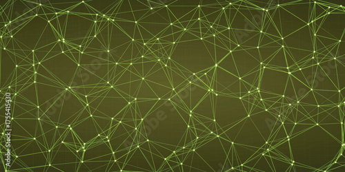 Vibrant green abstract network of interconnected nodes and lines creating a dynamic digital mesh on a dark olive gradient background symbolizing growth and connectivity