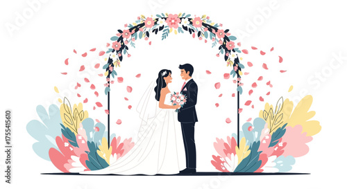 Elegant Wedding Couple Under Floral Archway of Blossoms Before a Backdrop of Petals