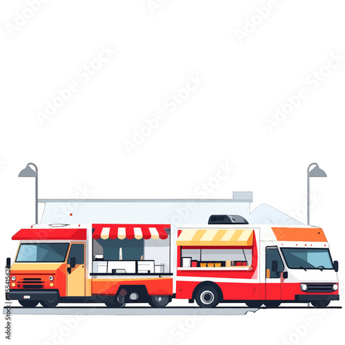 Vibrant Food Trucks Displayed With Red And Orange Accents Against A Plain Background In Pixel Art Style