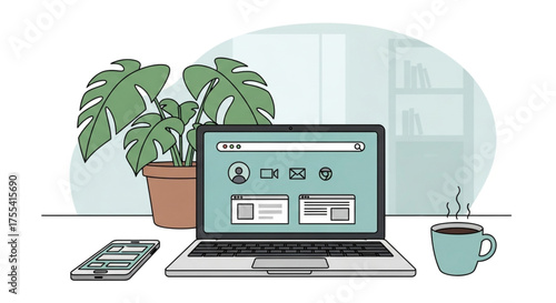 Illustration of a modern workspace with a laptop, smartphone, coffee cup, and potted plant, , creating a cozy and productive work environment