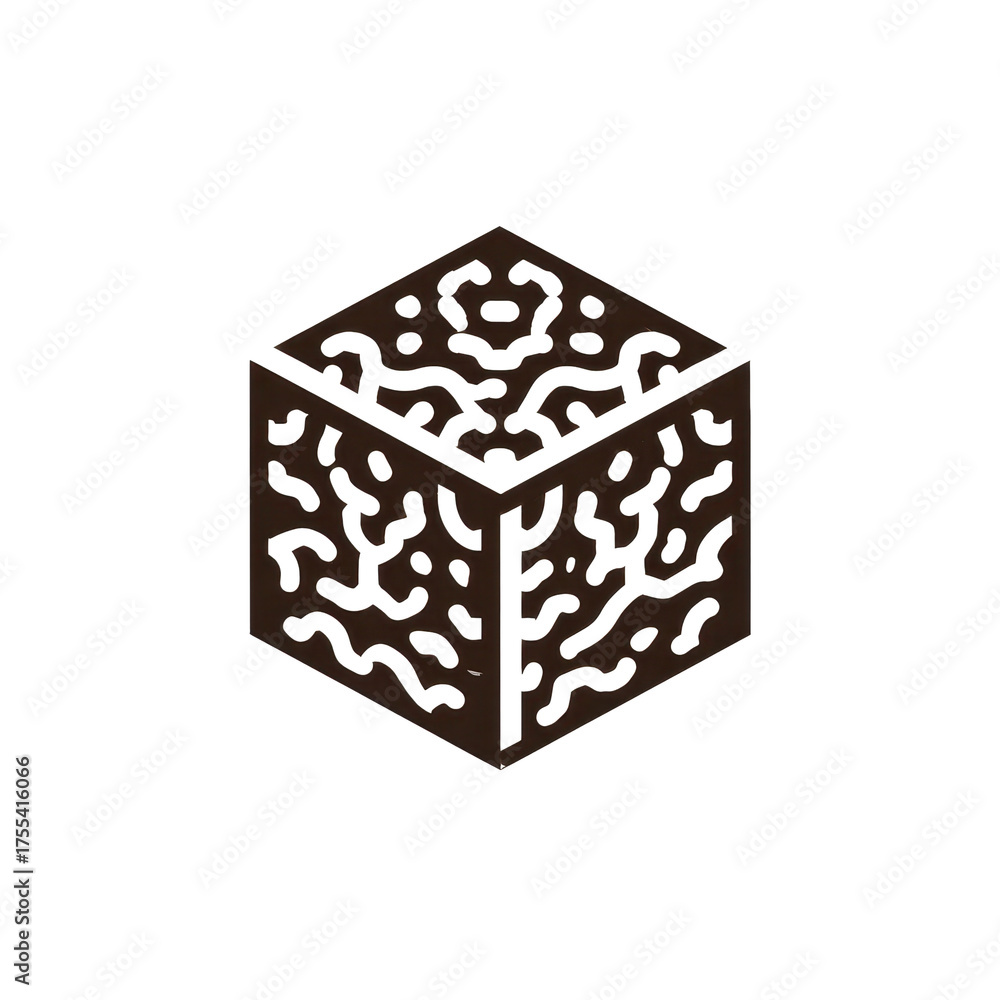 Obraz premium Geometric dark brown cube with a complex irregular black line pattern across its three visible sides