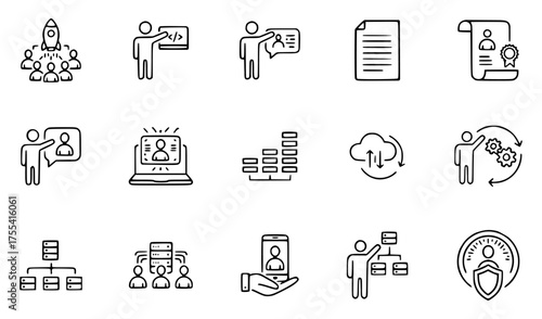 People icons related to technology, work, presentation, economy, documents, workers, rockets, machines, legality, protection.