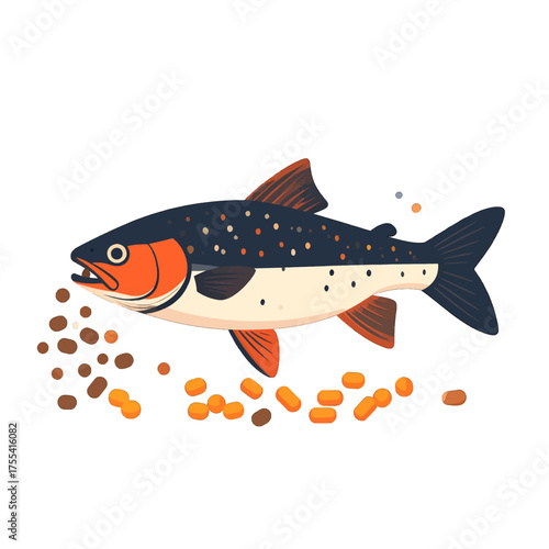 Pixel Art Illustration of a Trout Fish Consuming Pellets with Orange Head and Dark Blue Back on a White Background