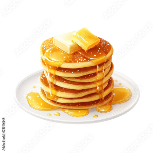 Stack of golden pancakes with melting butter and drizzling amber syrup on a white plate