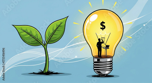 Business growth concept featuring a plant sprouting next to a light bulb with a dollar sign and a silhouette, symbolizing financial success and innovation