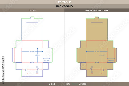 Flip top box with handle dieline elegant vector printing packaging layout showing lock insert structure with detailed folding marks and accurate die line organization
