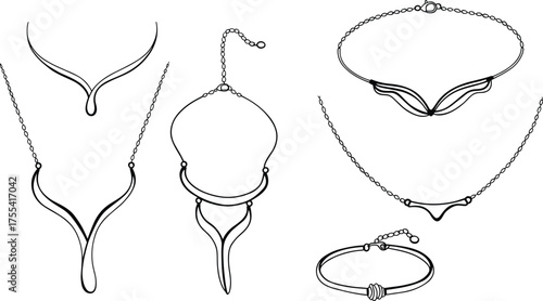 Elegant jewelry silhouette set featuring abstract necklaces and bracelet with sleek curves, pendant shapes and chain details for fashion design.