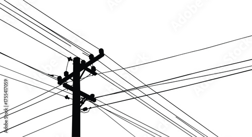 Black silhouette electric power pole with multiple overhead cables, utility lines connection, urban infrastructure, 
