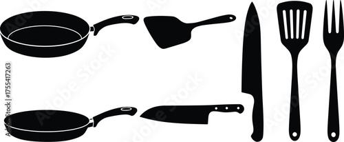 Kitchen utensil silhouette set with frying pans, knives, spatulas and fork for cooking tool vector illustration and culinary design content.