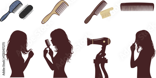 Hair care silhouette set with combs, brushes, dryer and grooming actions for beauty routine vector illustration and personal styling content.
