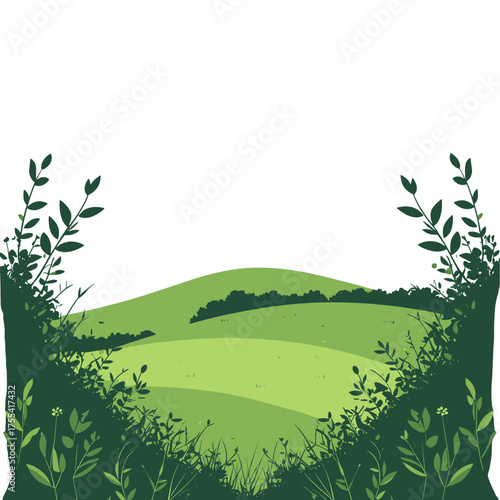 Pixelated Verdant Rolling Hills Landscape with Lush Greenery Border and Sparse Vegetation with Overcast Sky