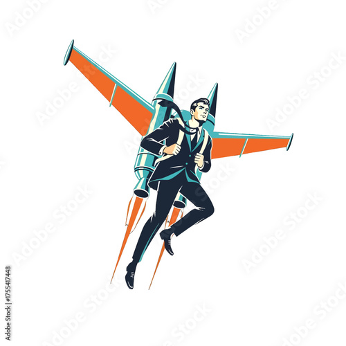 Pixelated Man in Business Suit Soaring with Jetpack Propelled by Orange Flames Against White Background