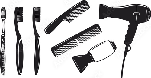 Personal grooming silhouette set with toothbrush, hairbrush, comb and hair dryer for hygiene, styling and vector illustration design content.