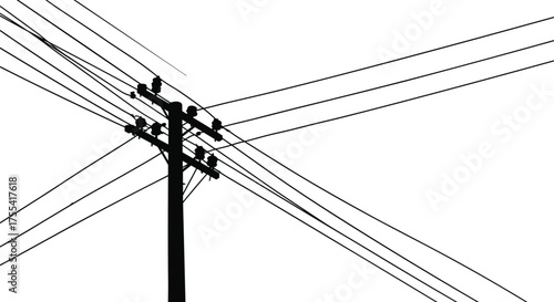 Black silhouette electric utility pole with multiple overhead cables, power transmission lines, minimalist vector illustration of urban energy infrastructure isolated on white background