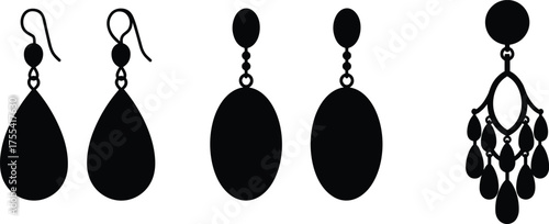 Stylized earring silhouette set with teardrop, oval, chandelier designs for fashion jewelry vector illustration and accessory design content.