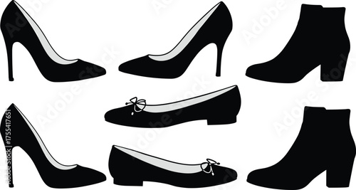 Stylish women’s footwear silhouette set with high heels, flats and ankle boots for elegant fashion vector illustration and design content.