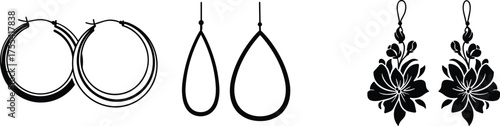 Set of three elegant earring vector illustrations with hoop, teardrop and floral jewelry designs, decorative fashion accessory silhouette art collection