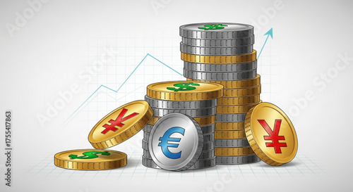 Currency exchange rate stack of coins with dollar, euro, and yen sign financial growth and investment concept vector illustration