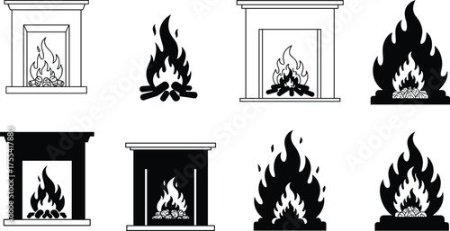 Fireplace and campfire icons, black and white silhouettes, burning flame graphics, home heating, outdoor fire, vector art, isolated design set