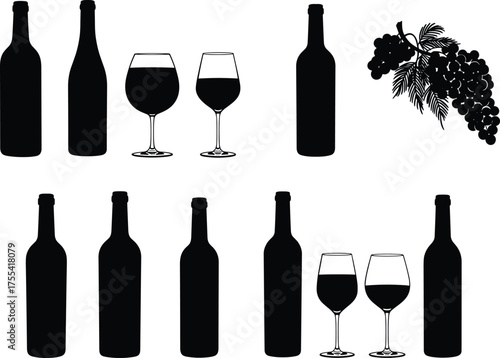 Wine bottles, wine glasses, grape bunch, black silhouette, wine tasting, vineyard elements, alcohol icons, elegant wine set, wine culture, winery decor