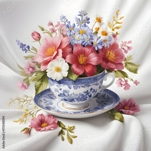Porcelain Teacup Overflowing with Colorful Flowers and Gold-Accented Saucer