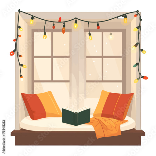 Cozy Window Seat with Pillows and Book Illuminated by String Lights in Neutral Tones with Warm Accents Creates a Relaxing Indoor Atmosphere