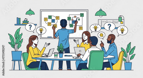 Diverse team brainstorming ideas in a meeting, collaborating on a whiteboard with sticky notes, generating innovative solutions, and fostering a creative work environment