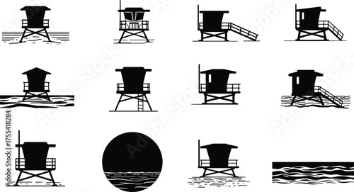 Lifeguard tower silhouettes, beach safety icons, coastal watch structures, rescue station symbols, oceanfront lookout signs, minimalist black vector illustrations