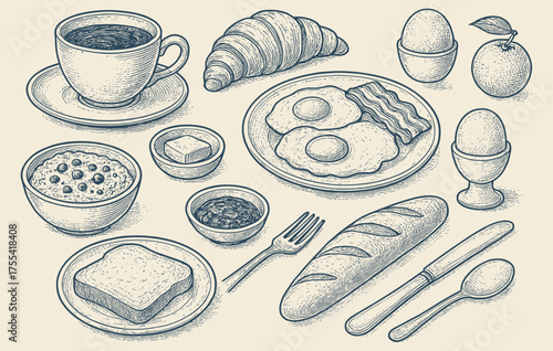 Inviting breakfast featuring croissant and coffee offering a delicious start to the day showcasing eggs with bacon providing a delightful culinary experience displaying morning