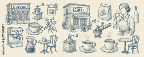 Hand Drawn Coffee Shop Elements with Coffee Making Equipment and Barista Sipping Drink for a Menu or Cafe Decoration Depicting Drink Preparation and Enjoyment of Gourmet Beverages