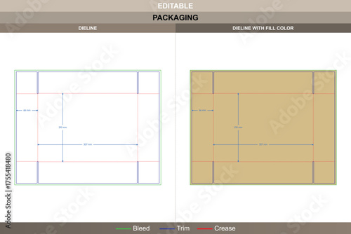Side slotted tray dieline detailed vector printing packaging layout featuring corrugated structure with fine folding and die line setup for industrial or retail uses