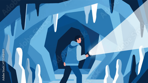 Illustration Of Person Exploring A Cave, With Stalactites, Stalagmites, And A Flashlight Beam Vector Design Template
