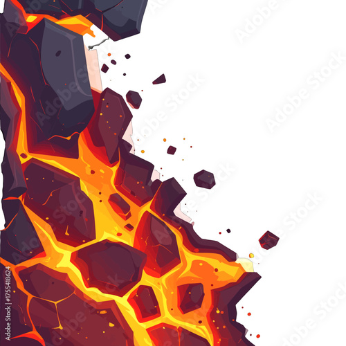 Pixel Art Illustration of Molten Lava Flowing Through Dark Rocks on White Background