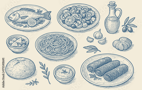 Vintage Food Illustration Featuring Mediterranean Cuisine Including Fish Pasta Dolma and Olive Oil Providing a Nostalgic Culinary Still Life with Artistic Food Preparation Depicted