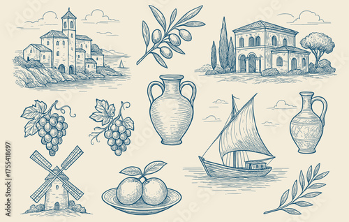 Hand drawn mediterranean elements sketch vintage style illustration showcasing architecture vineyards olives citrus sail boat windmill and traditional greek or roman pottery