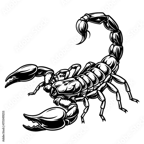 Vector art of scorpion illustration, showcasing a detailed engraving of a venomous arachnid with its distinctive pincers and stinger