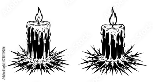 Vector art of two burning candles with melting wax and thorns in a vintage engraving style illustration vector