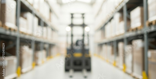 Forklift truck moving through warehouse aisle surrounded by tall shelves stacked with brown boxes and industrial goods, blurred background showing depth and warm lighting.