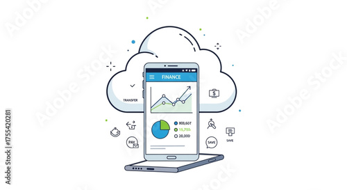 Financial technology on mobile phone cloud computing and business analytics concept with data analysis and investment tracking
