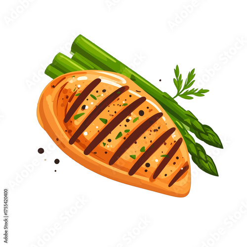 Grilled Chicken Breast with Asparagus on White Background Food Illustration